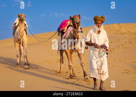 Ein alter Mann mit seinem Kamele, Wüste Thar, Rajasthan, Indien Stockfoto