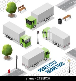 Grüner isometrischer großer Truck von vorne hinten rechts und links isoliert auf weiß Stock Vektor