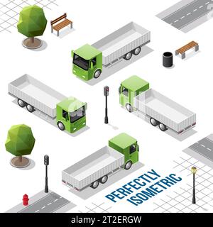 Grüner isometrischer Lkw von vorne hinten rechts und links isoliert auf weiß Stock Vektor