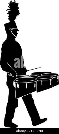 Marching Band Schlagzeuger, der mehrere Tenor Marching Drums spielt, in schwarzer Silhouette, isoliert Stock Vektor