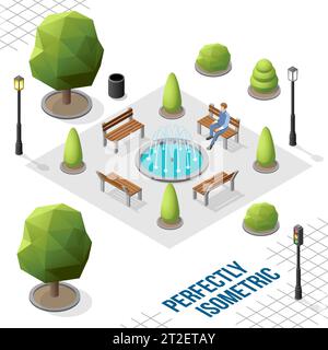 Isometrische Park- und Outdoor-Elemente isoliert auf weißem Hintergrund Stock Vektor