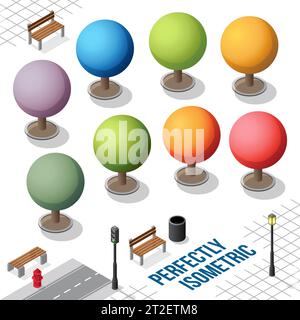 Isometrische Bäume, 12 isoliert auf weißem Hintergrund Stock Vektor