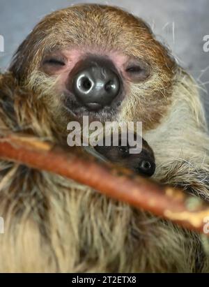 Weibliche zwei-Zehen-Sloth (Choloepus didactylus) mit ihren Jungen im Zoo von Jihlava, Tschechien, 17. Oktober 2023. (CTK Foto/Lubos Pavlicek) Stockfoto