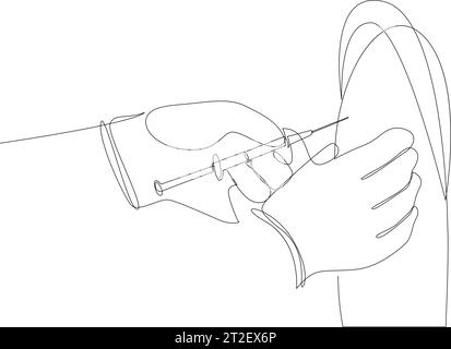 Kontinuierliche Linienzeichnung einer Handschuhhände des Arztes, der den Patienten impfte. Medizinisches Konzept, Vektorillustration Stock Vektor