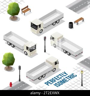 Weißer isometrischer Lkw von vorne hinten rechts und links isoliert auf weiß Stock Vektor
