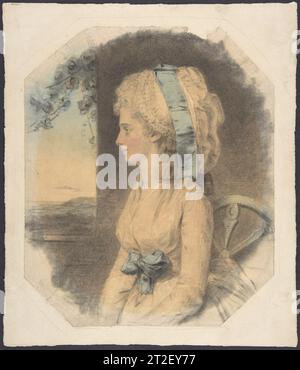 Miss Mary Cruikshank, einzige Schwester von James Cruikshank John Downman British, Walisisch 1781 dieses Bild zeigt die modische Tageskleidung junger Frauen in Großbritannien um 1780. Ein schlichtes weißes Kleid wird von einer großen blauen Schleife an der Taille verziert, mit einem zweiten breiten Band, das die große weite Kappe ziert. Downman setzte sein Motiv an eine Wand, um ihr Profil zu betonen, öffnete aber das Bild links mit einer Landschaftsansicht. Weinreben, die von oben hängen, deuten auf Sommerwärme hin. Stockfoto