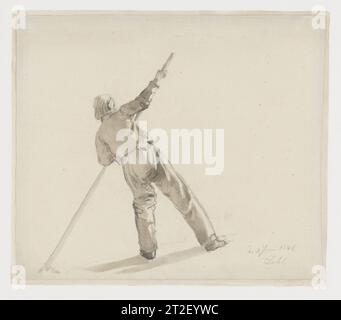 Ein Mann mit einem Ruder (Studie für das Gemälde 'Kopenhagener Hafen von Mondlicht') Johan Christian Dahl Norwegisch 1846 eine von zwei bekannten Zeichnungen des berühmten norwegischen Künstlers Johan Christian Dahl in Vorbereitung auf sein prächtiges Ölgemälde Kopenhagener Hafen von Moonlight ?target=' blank' >(2019.167.2)) (begonnen 1824 und fertiggestellt 1846) ist dieses Blatt eine Studie für den Bootsmann, der ganz links im Schlussbild erscheint. In der Zeichnung sieht der Künstler die genaue Position des richtigen rechten Fußes der Figur, zusammen mit den Konturen und Falten seiner Hose. Seine Pose – l Stockfoto