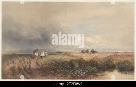 Reise nach Hause David Cox British 1833 in diesem atemberaubenden Blick über eine englische Ebene bewegen sich Marktfrauen von uns weg in Richtung einer von weitem erblickten Küste. Leuchtende Farben zeichnen die Kleidung von Reisenden aus, die in der Nähe von Männern vorbeifahren, die mit einem Team von Pferden ein Feld pflügen. Dunkle Wolken und umlaufende Möwen signalisieren nähernden Regen. Cox wurde in Birmingham geboren und zog 1804 nach London, um bei John Varley zu studieren. 1813–2014 veröffentlichte er eine Abhandlung über Landschaftsmalerei und -Effekt in Watercolours. Nach einer Phase des finanziellen Kampfes, ausgelöst durch die wirtschaftliche Depression, die dem Napo folgte Stockfoto