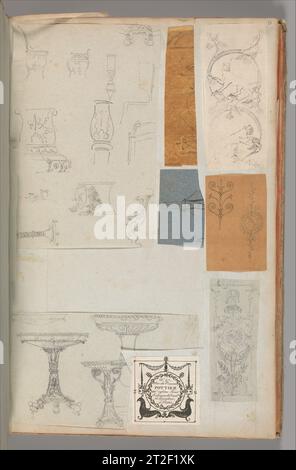 Seite aus einem Scrapbook mit Zeichnungen und mehreren Drucken von Architektur, Innenräumen, Möbeln und anderen Objekten Werkstatt von Charles Percier Französisch Werkstatt von Pierre Francois Léonard Fontaine French CA. 1800-50 Stockfoto