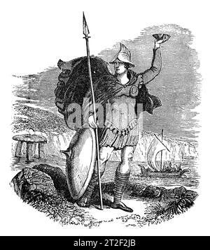 Waffen und Kosyume eines sächsischen Militärhäuptlings. Black-and-White-Illustration aus dem „Old England“, veröffentlicht von James Sangster im Jahr 1860. Stockfoto