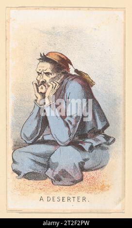 Life in Camp, Teil 2: A Deserteur After Winslow Homer American Publisher Louis Prang & Co. Amerikanischer Verlag Beadle & Co. 1864 im Jahr 1864 entwarf Homer zwei Serien lithographischer Sammlerkarten mit dem Titel Life in Camp. Im Gegensatz zu seinen Kriegsbildern für Harper’s Weekly war es dem Künstler frei, diesen Miniaturkommentaren über das Leben der Armee Humor zu verleihen, die Bilder von Frauen, Liebsten und Soldaten enthalten, die sich im Urlaub amüsieren. Die verzweifelte Figur, die hier zu sehen ist, wurde beim Versuch erwischt, zu wüsten. 1864 begann der Krieg seine letzten Monate, und ehemals sakrosankte Untertanen konnten gut sein Stockfoto