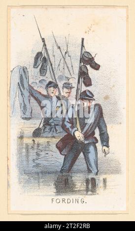 Life in Camp, Teil 2: Fording After Winslow Homer US-amerikanischer Verlag Louis Prang & Co. Amerikanischer Verlag Beadle & Co. 1864 im Jahr 1864 entwarf Homer zwei Serien lithographischer Sammlerkarten mit dem Titel Life in Camp. Im Gegensatz zu seinen Kriegsbildern für Harper’s Weekly war es dem Künstler frei, diesen Miniaturkommentaren über das Leben der Armee Humor zu verleihen, die Bilder von Frauen, Liebsten und Soldaten enthalten, die sich im Urlaub amüsieren. In dieser Karte entwickeln Soldaten neue Wege, um ihre Schuhe und Hosen trocken zu halten, während sie einen Fluss überqueren. 1864 begann der Krieg seine letzten Monate und war früher sakro Stockfoto