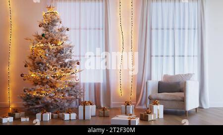 Ein Wohnzimmer mit weißen Wänden, Vorhängen und einem weißen Weihnachtsbaum, 3D-Rendering Stockfoto