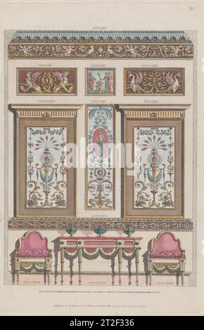 Dekorative Innenwand, Nr. CCCCLXIX–CCCCLXXIX, Platte 70 aus „Designs for diverse Ornaments“ nach Michelangelo Pergolesi italienischer Verlag Dulouchamp British 1801 dieser Entwurf für eine Innenwand, CCCCLXIX bis CCCCLXXIX, wurde 1801 von Dulouchamp veröffentlicht. Letzteres war ein Buchhändler, der Pergolesis Serie von Ornamententwürfen, die zwischen 1777 und 1792 in London veröffentlicht wurden, erbte und sie hinzufügte. Die Serie hat keine Titelseite, sondern einen Prospekt von ca. 1786 beschrieb die Gruppe wie folgt: "Eine große Vielfalt von originellen Designs von Vasen, Figuren, Medaillons, Friesen, Pilastern, Verkleidungen und andere Verzierungen Stockfoto