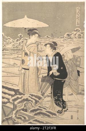 Kayoi Komachi, aus der Serie „Sieben elegante Episoden des Dichters Komachi“ (Fūryū nanakomachi kayoi) Chōbunsai Eishi Japanese ca. 1795 das Motiv von „Kayoi Komachi“, das in der rechten oberen Ecke dieses Prints eingeschrieben ist, bezieht sich auf eine tragische Geschichte aus einem klassischen Noh-Stück. Ono no no Komachi, eine Dichterin aus dem 10. Jahrhundert, verspricht, ihren glühenden Verehrer Fukakusa Shōjō zu treffen, wenn er einwilligt, hundert Nächte auf den Stufen eines höfischen Ochsenkarren zu verbringen. Nach neunundneunzig Nächten stirbt er. Dieser Druck ist ein Stück über die populäre Geschichte; die Schönheit, gekleidet in einem zeitgenössischen Gewand und in der Hand eines Regenschirms, könnte auf dem Weg sein Stockfoto