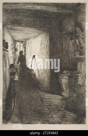 The Kitchen James McNeill Whistler American Publisher The Fine Art Society, London British [1858] veröffentlichte 1885 dieses Bild einer rustikalen Küche in Lutzelbourg, einer Stadt im Elsass, gehört zu einer Gruppe von Radierungen, die als „French Set“ bekannt sind. Es waren Whistlers erste Drucke, die 1858 in Paris von Auguste Delâtre herausgegeben wurden und den formalen Titel „Douze eaux-fortes d’après Nature“ (zwölf Radierungen aus der Natur) tragen. Der 21-jährige Künstler war drei Jahre zuvor aus Washington, D.C. nach Paris gezogen. Ermutigt von seinem britischen Schwager Seymour Hayden reiste Whistler Stockfoto