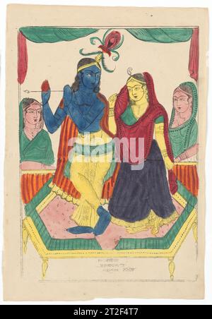 Krishna und Radha Becharam das Dutta datiert auf den 20. Juli 1856 Krishna ist hier als Flöte dargestellt, die Lord, Venugopal spielt und seinen Geliebten gopi (Kuhmädchen) Radha mit süßer Musik bezaubert. Die Liebenden stehen zusammen auf einem goldenen Dais in einem von gezeichneten Vorhängen eingerahmten Innenraum, ein Setting, das eher an Bühnen- und Fotostudio erinnert. Ein Paar Gopis kümmert sich um sie. Dieses beliebte Thema befindet sich typischerweise in einer Waldlichtung, der Schauplatz für Krishnas und Radha. Die romantische Begegnung mit dem göttlichen Krishna und der sterblichen Kuhmagd hat Vaishnava d. Angeheizt Stockfoto