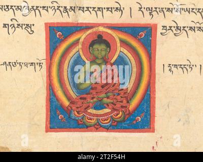 Fragment eines Prajnaparamita Sutra Manuskript Folio Unidentifiziertes 12. Jahrhundert dieses exquisite Beispiel der westlichen Himalaya-Manuskriptmalerei des 12. Jahrhunderts verkörpert die höchsten Qualitäten dieser Tradition. Die Farben sind strahlend und haben dank der subtilen Verwendung von Farbabstufungen eine Leuchtkraft, die die andere Welt der Figur unterstreicht. Es zeigt einen Buddha mit grünem Körper, der mit gefalteten Beinen in der Lotusposition (padmasana) auf einem Lotuskissen mit regenbogenfarbenen Blüten sitzt. Er könnte (anhand seiner Farbe) als Amoghasiddhi, der Buddha des Nordens, oder als einer der 1000 Buddhas des Nordens identifiziert werden Stockfoto