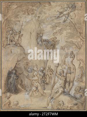 Diana und Actaeon Bartholomeus Spranger Niederländisch ca. 1580–85 diese Zeichnung stellt die Geschichte von Diana und Actaeon dar, wie sie in Ovids Metamorphosen (Buch III: 138–253) erzählt wird. Auf einem Felsvorsprung oben links, blickt Actaeon auf Diana hinunter, die in Gesellschaft von Nymphen in einer umzäunten waldreichen Umgebung baden. Als die Badenden versuchen, sich zu bedecken, spritzt Diana Wasser auf den Eindringling, der zur Strafe in einen Hirsch verwandelt wird. Obwohl die Funktion der Zeichnung nicht sicher bekannt ist, ist sie wahrscheinlich als Studie für eine Schrankmalerei gedacht. Das c Stockfoto