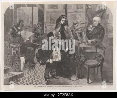 Nameless and Friendless, aus Illustrated London News nach Emily Mary Osborn British Engraver Edward Skill British 12. Juli 1862 dieser Druck reproduziert ein Gemälde (Tate Britain), das Osborn 1857 an der Royal Academy ausgestellt hatte. Als ein späterer Besitzer das Werk 1862 für die Internationale Ausstellung ausleihte, wurde dieser Holzstich in den Illustrated London News veröffentlicht. Es zeigt eine junge Künstlerin, begleitet von einem Bruder, die nervös in der Werkstatt eines Kunsthändlers steht, von dem sie hofft, dass sie ein Werk kaufen wird – ihr schwarzes Kleid deutet auf den jüngsten Verlust der Eltern und ihrer Unterstützung hin.Osborn ad Stockfoto