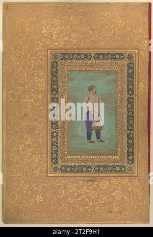 Recto: 'Portrait of Prince Danyal', Folio aus dem Shah Jahan Album Gemälde von Manohar Kalligraf Sultan 'Ali al-Mashhadi iranisches Recto: Ende des 16. Jahrhunderts; Verso: Ca. 1500 Verso: Dieses reich erleuchtete Folio der Kalligraphie zeigt das Werk des herausragenden Timuriden-Kalligraphen Sultan 'Ali Maschhadi. Mashhadi wurde vom Timuriden Hof betreut und war ein Dichter und anerkannter Meister der nasta'liq-Schrift. In dem folgenden Gedicht, das von Khwaja Salman al-Savuji komponiert wurde, schreibt er: Coil up in your own tressund fragt dann, wie ich bin, wie die sind, wer die snareOf Eure Bedrängnis brach: Ihr wollt wissen wie Stockfoto