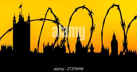 Silhouette von Houses of Parliament, Westminster, London, überlagert mit Stacheldraht - Metapher für nicht offen, Anti-Einwanderung, Dystopie Stockfoto