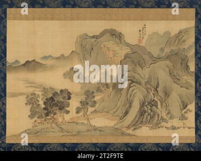 Landschaft in hellen Farben Yosa Buson Japanese 1775 hier wurde eine riesige chinesische Landschaft im kleinen Format eines hängenden Rollenbildes von bescheidenen Dimensionen gerendert. Mit geschichteten Bergen, Wasserkörpern, einem kaskadierenden Gebirgsbach und Nebel als Bildelemente erinnert die Komposition an ähnliche, aber größere Landschaftsgemälde des Nanga-Schulmeisters Yosa Buson. Typisch für Busons Stil ist die Art und Weise, wie seine Verwendung von Tinte mit Farbwaschungen und weichen Texturstrichen eine imposante bergsicht mit einem atmosphärischen, sanften Lyrismus verleiht. Auch typisch für seine Arbeit ist Th Stockfoto