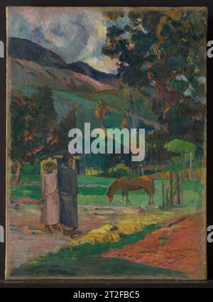 Tahitianische Landschaft Paul Gauguin Französisch 1892 Obwohl die Autorität dieses Bildes einmal in Frage gestellt wurde, haben Reinigung und Überprüfung sicher gezeigt, dass es sich um eine Gruppe von Landschaften handelt, die Gauguin während seines ersten tahitianischen Aufenthalts malte und kleine Figuren und eine Hütte inmitten tropischen Grüns zeigte. Auf diesem Bild sind Zeichnungen zu dem Paar und dem Pferd zu sehen, die dem Auge des Künstlers für lokale Details bezeugen. Es war das erste Gemälde von Gauguin, das 1939 durch Schenkung in die Sammlung des Metropoliten gelangte. Mehr anzeigen. Tahitische Landschaft. Paul Gauguin (Französisch, Paris 1848–1903) Stockfoto