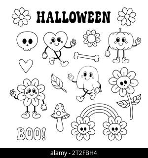 Vektor-Satz von groovigen halloween Cartoon Retro-Umrissfiguren und Elementen isoliert auf weißem Hintergrund Stock Vektor