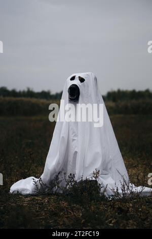 Der Hund verkleidet und feiert Halloween als Person. Ein deutscher Hirte in einem Geisterkostüm aus weißem Lappen. „Trick or Treat“-Konzept, „Front Vie“ Stockfoto