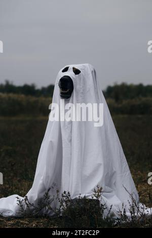 Der Hund verkleidet und feiert Halloween als Person. Ein deutscher Hirte in einem Geisterkostüm aus weißem Lappen. „Trick or Treat“-Konzept, „Front Vie“ Stockfoto