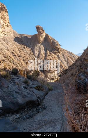 Tabernas Wüstenpfad, Provinz Almeria, Andalusien. Auf einer Wanderung in der Rambla del Infierno Stockfoto