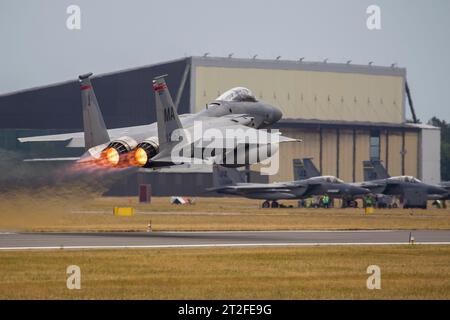 F-15C der Massachusetts Air National Guard startet von der Hohn Air Base. Stockfoto