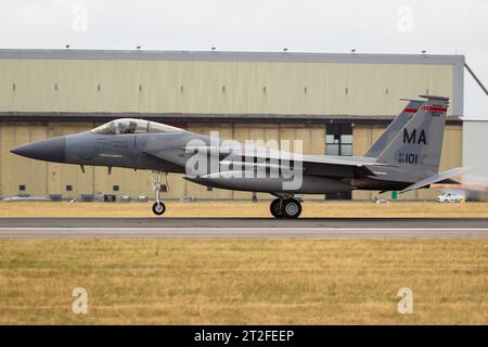 F-15C der Massachusetts Air National Guard verlässt den Luftwaffenstützpunkt Hohn, Deutschland. Stockfoto