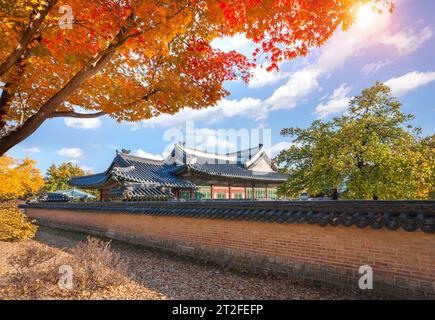 Gyeongbokgung Palast im Herbst mit Ahornblättern im Vordergrund, Südkorea. Stockfoto