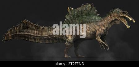 Spinosaurus-Dinosaurier, Seitenansicht auf farbigem Hintergrund. Stockfoto