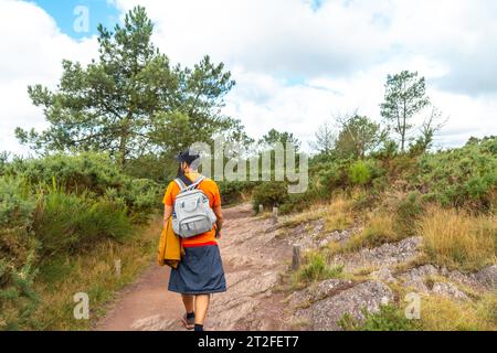 Ein junger Mann auf dem Fußweg im Wald von Broceliande, französischer mystischer Wald im Departement Ille-et-Vilaine, Bretagne, in der Nähe von Rennes. Frankreich Stockfoto