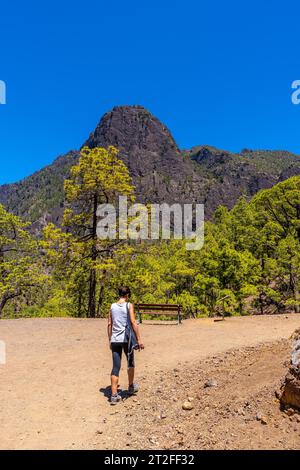 Eine junge Frau, die auf dem La Cumbrecita Trail auf der Insel La Palma neben der Caldera de Taburiente auf den Kanarischen Inseln spaziert. Spanien Stockfoto