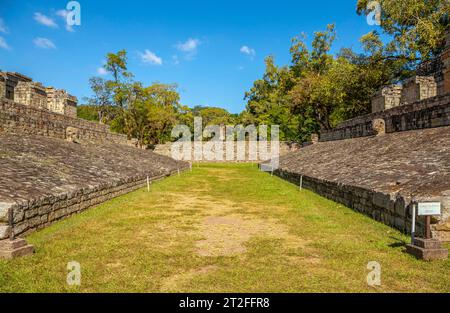 Auf dem Feld des Ballspiels in den Tempeln von Copan Ruinas. Honduras Stockfoto