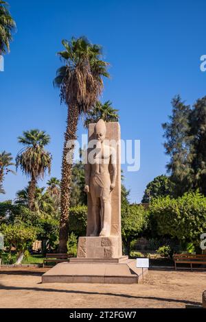 Detail der Skulptur zwischen den Palmen von Pharao Ramses II. In Memphis in Kairo, Ägypten. Alte Stadt, in der der Gott Ptah verehrt wurde Stockfoto