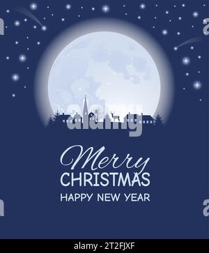 Silhouette eines kleinen Dorfes zur Winterzeit in der Nacht. Der Mond und die Sterne am Himmel. Stock Vektor