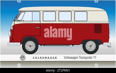 Deutschland, Jahr 1964, Volkswagen Transporter T1 Oldtimer Silhouette, gefärbt mit roter Farbe, Vektor-Illustration Stockfoto