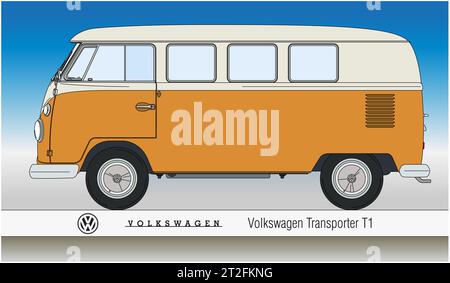 Deutschland, Jahr 1964, Silhouette des Volkswagen Transporter T1 Oldtimer, farbig mit orangefarbener Farbe, Abbildung Stockfoto