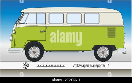 Deutschland, Jahr 1964, Volkswagen Transporter T1 Oldtimer Silhouette, farbig mit grüner Farbe, Vektor-Illustration Stockfoto