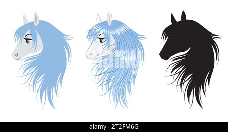 Set aus süßem Pferd mit blauem Haar. Silhouette des Kopfes eines Einhorns. Stock Vektor