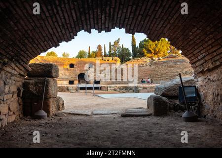 Die römischen Ruinen von Merida, das römische Amphitheater von innen. Extremadura, Spanien Stockfoto