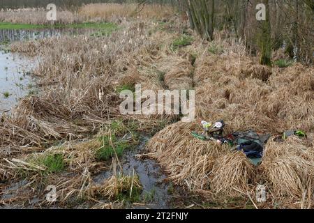 Camp eines Naturfotografen in einem Feuchtgebiet, lebt in der Natur, Naturpark Peenetal Flusslandschaft, Mecklenburg-Vorpommern, Deutschland Stockfoto