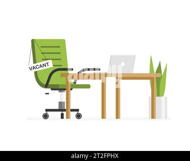 Banner für Stellenangebote. Arbeitsplatz mit Bürotisch und leerem Stuhl. Rekrutierung und Einstellung. Offene offene Stelle. Poster „Wir stellen ein“. Stock Vektor