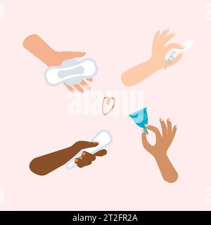 Die Menstruationszeit. Hygieneprodukt für Frauen. Hände mit verschiedenen Hautfarben, die Tampon halten, Hygienepads, Menstruationsbecher. Vektordarstellung isoliert Stock Vektor