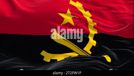 Nahaufnahme der angolanischen Nationalflagge, die im Wind winkt. Zwei horizontale Streifen, rot und schwarz, mit einem gelben Emblem in der Mitte. 3D-Darstellung. Stockfoto